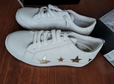 Dune London white multi star lace up trainers, size uk4/eu37