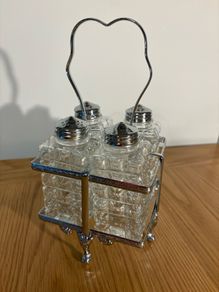 Vintage 4 piece Glass Cut Cruet Set, with Silver Plated Stand