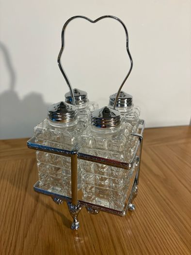Vintage 4 piece Glass Cut Cruet Set, with Silver Plated Stand