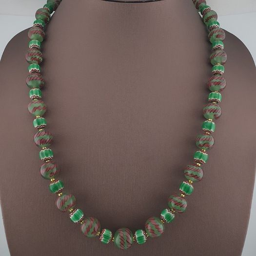 Antique Venetian Style Stripe & Chevron Glass Beads Necklace