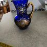 Italian Cobalt Blue small handpainted floral vase pitcher goldtone trim antique Image 5