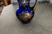 Italian Cobalt Blue small handpainted floral vase pitcher goldtone trim antique
