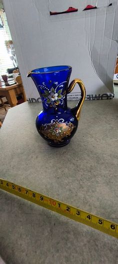 Italian Cobalt Blue small handpainted floral vase pitcher goldtone trim antique