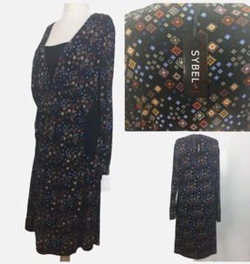 Black Multicoloured Geometric Floral Print Long Sleeve  Jersey Dress Uk 26 BNWTS price includes postage