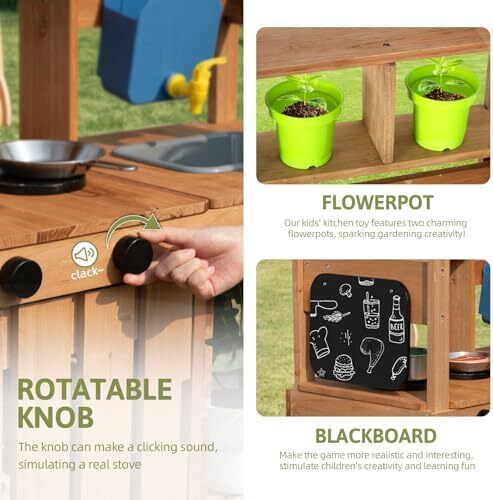 Mud Kitchen for Kids Outdoor, Kids Kitchen Playset with Canopy, Gardening Tools, Chalkboard, Flower Pot, Cookingware, Removable Water Tank, for Boys and Girls 3+, Solid Fir Wood