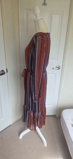Fransa Rust Stripe Midi Dress Size 8 Boho Autumn Sheer Sleeve Belted