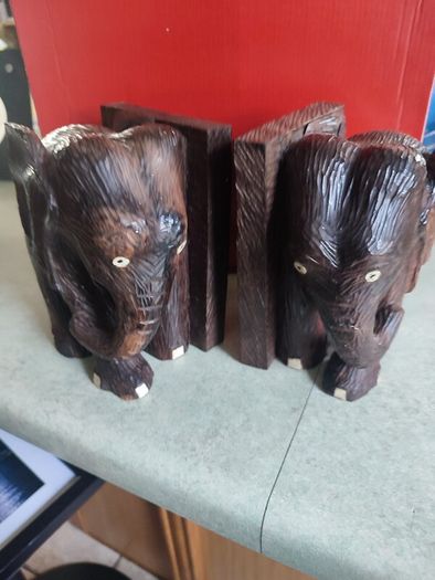 SET OF 2 Large Carved Vintage  Elephant BOOKENDS.