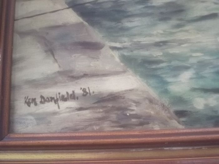 a oil painting picture on board of a harbour sceen by ken donfield