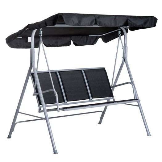 Metal Garden Swing Chair, 3-Seater Swing Seat, Patio Hammock Bench Canopy Lounger, Black