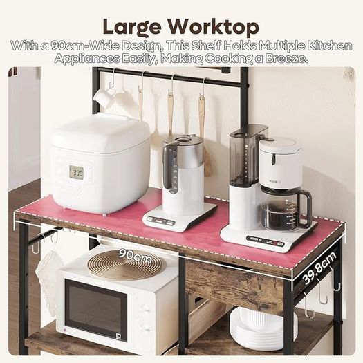 Microwave Oven Rack, 90cm Large Microwave Oven Kitchen Rack with 2 Height-Adjustable and Removable Shelves, High Load-Bearing Design, Drawers, 10 S-Hooks, Kitchen Shelf, Kitchen Storage