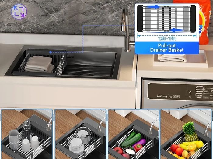 Stainless Steel Kitchen Sink,50 x 43cm,Inset Kitchens Sink,with Waste Kit,Drain Pipe,Pull-Out Drainer Basket,Suitable for Bathroom,Caravan Travelling