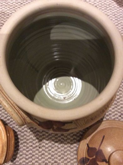 OFFERS WELCOME PLEASE -Ballydougan Stoneware Pottery - 4 Pieces . Biscuit ( Old Irish writing) Sugar and Tea lidded Jars and a shallow bowl shaped dish for biscuits