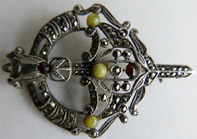 Vintage Sterling Silver Celtic Connemara Marble and Marcasite Dagger Pin Brooch 14,56g