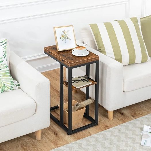 C Shaped Side Table, Foldable Sofa Table, Small Table Bedside Tables, Laptop Table for Sofa, Folding Side Table Small Coffee Tables for Living Room, Bedroom, Rustic Brown and Black