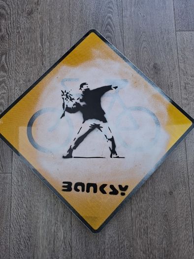 Banksy Sheet Metal Reproduction Road Sign of The Flower Bomber