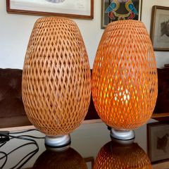 Pair Large Ikea Design Sweden Boja by Maria Vinka Hand Woven Bamboo Table Lamps 2002