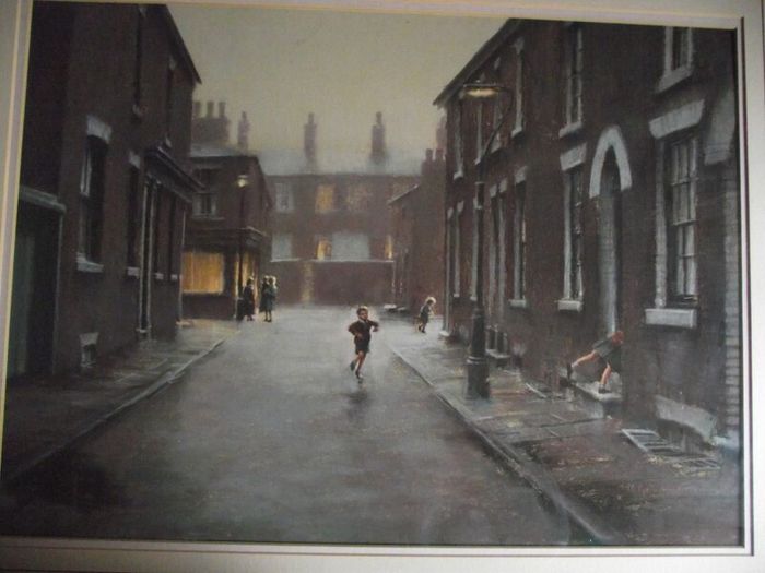 Marc Grimshaw - Original Pastel of - Children In A Rainy Street - Signed