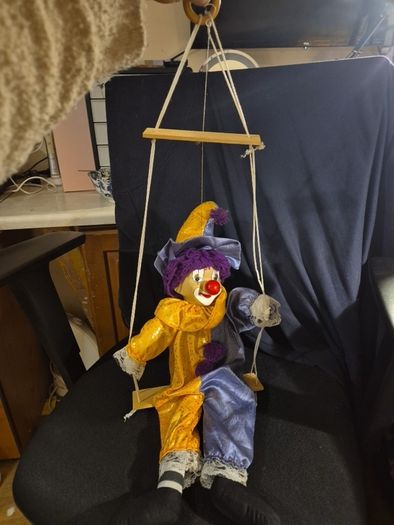 Rare Find: Vintage Porcelain Face Marionette Clown  on a Swing. Puppet
