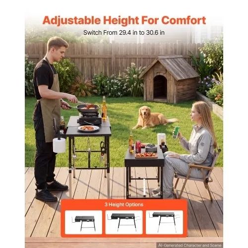Folding Grill Table 87x45 cm Camping Griddle Stand Fit 43 & 56 cm, for Picnic BBQ Tailgating, Carbon Steel, Adjustable Height, 158 kg, Outdoor Cart with Magnetic Tool Rack and Tissue Holder