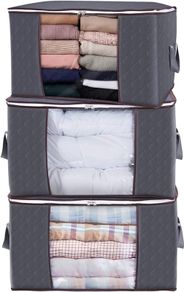 NEW SALE | 3 Pack 90L Clothes Storage Bags Large Storage Box with Lid Packing Boxes for Moving House with Reinforced Handle Thick Fabric Clear Window for Clothes Duvet Blankets Bedding, Grey