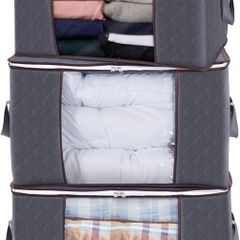 NEW SALE | 3 Pack 90L Clothes Storage Bags Large Storage Box with Lid Packing Boxes for Moving House with Reinforced Handle Thick Fabric Clear Window for Clothes Duvet Blankets Bedding, Grey