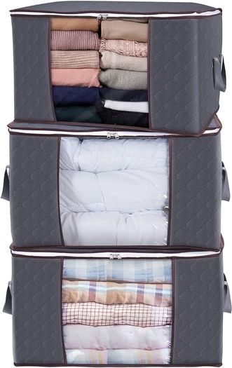 NEW SALE | 3 Pack 90L Clothes Storage Bags Large Storage Box with Lid Packing Boxes for Moving House with Reinforced Handle Thick Fabric Clear Window for Clothes Duvet Blankets Bedding, Grey