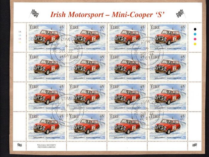 2001 Ireland Irish Motorsport Commemorative Stamp Sheetlet Plate 1A1A1A1A Fine Used with Dublin CDS cancel of 26th April 2001 (First day of issued) on envelope extract.