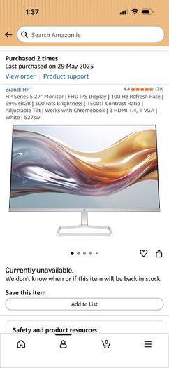 HP Series 5, 27 Inch Monitor x 2