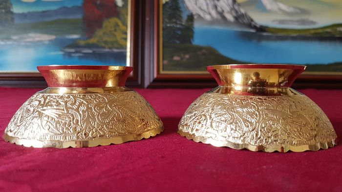 Antique Ornate And Engraved Solid Brass Footed Bowls With Underplate