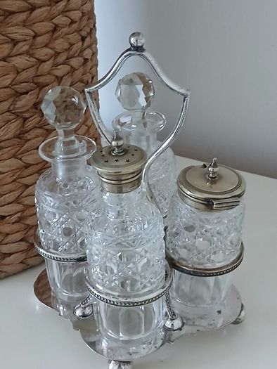 Silver Plated & Crystal Cruet Condiments Set