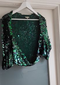 KAREN MILLEN green sequinned knit bolero Sz 4 (Fit 10-16UK) - Rrp 160 (New)