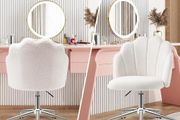 Chair for Dressing Table with Wheels, Boucle Desk Chair for Bedroom, Swivel Armchair for Home, Height Adjustable&amp;Easy Assembly, White/Beige