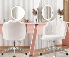 Chair for Dressing Table with Wheels, Boucle Desk Chair for Bedroom, Swivel Armchair for Home, Height Adjustable&Easy Assembly, White/Beige