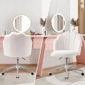 Chair for Dressing Table with Wheels, Boucle Desk Chair for Bedroom, Swivel Armchair for Home, Height Adjustable&Easy Assembly, White/Beige