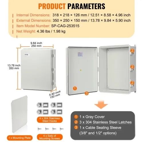 Outdoor Electrical Junction Box, 350 x 250 x 150 mm, ABS Plastic Electrical Enclosure Box with Hinged Cover Stainless Steel Latch,