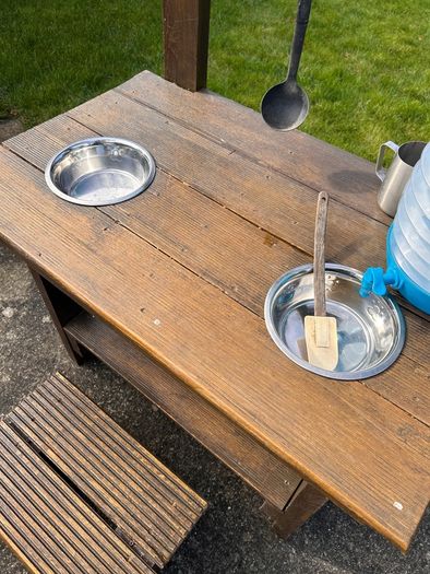 Hand made solid timber mud kitchen with stool with accessories