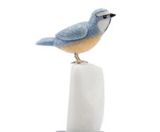 Handcrafted Blue Quartz Blue Tit Bird Sculpture: Nature-Inspired Decor