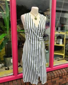 Warehouse 100% cotton green stripped wrap dress