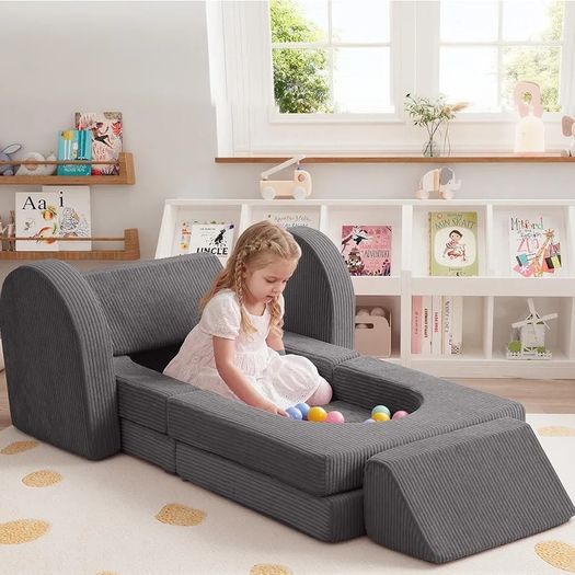 Corduroy Kids Play Sofa, 10-Pieces Toddler Chair, Light Grey Fold Out Bed Foam Modular Couch for Girls Boys, Convertible Armchair Children Sectional Playset for Playroom