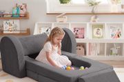 Corduroy Kids Play Sofa, 10-Pieces Toddler Chair, Light Grey Fold Out Bed Foam Modular Couch for Girls Boys, Convertible Armchair Children Sectional Playset for Playroom