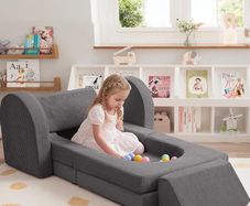 Corduroy Kids Play Sofa, 10-Pieces Toddler Chair, Light Grey Fold Out Bed Foam Modular Couch for Girls Boys, Convertible Armchair Children Sectional Playset for Playroom