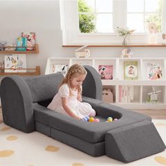 Corduroy Kids Play Sofa, 10-Pieces Toddler Chair, Light Grey Fold Out Bed Foam Modular Couch for Girls Boys, Convertible Armchair Children Sectional Playset for Playroom
