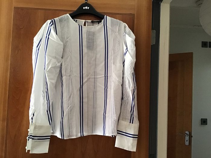 M&S Ladies White & Blue Striped Long Sleeve Blouse Size 14