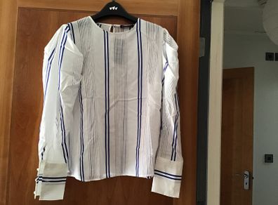 M&S Ladies White & Blue Striped Long Sleeve Blouse Size 14