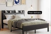 King Size Bed Frame with Storage Wooden Headboard,Heavy Duty Metal Upholstered Platform Bed Frame King Size,Mattress Base/Sturdy Steel Slat Support/Under-bed Storage/Noise Free/Black