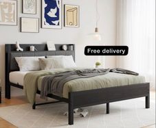 King Size Bed Frame with Storage Wooden Headboard,Heavy Duty Metal Upholstered Platform Bed Frame King Size,Mattress Base/Sturdy Steel Slat Support/Under-bed Storage/Noise Free/Black