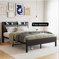King Size Bed Frame with Storage Wooden Headboard,Heavy Duty Metal Upholstered Platform Bed Frame King Size,Mattress Base/Sturdy Steel Slat Support/Under-bed Storage/Noise Free/Black
