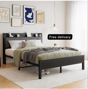 King Size Bed Frame with Storage Wooden Headboard,Heavy Duty Metal Upholstered Platform Bed Frame King Size,Mattress Base/Sturdy Steel Slat Support/Under-bed Storage/Noise Free/Black
