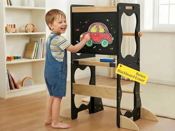 4-in-1 Toddler Standing Tower, Convertible Kids Kitchen Step Stool with Anti-Drop Safety Rail, Multi-Use Learning Helper Tower for Kitchen Counter, with Blackboard (Black & Natural)