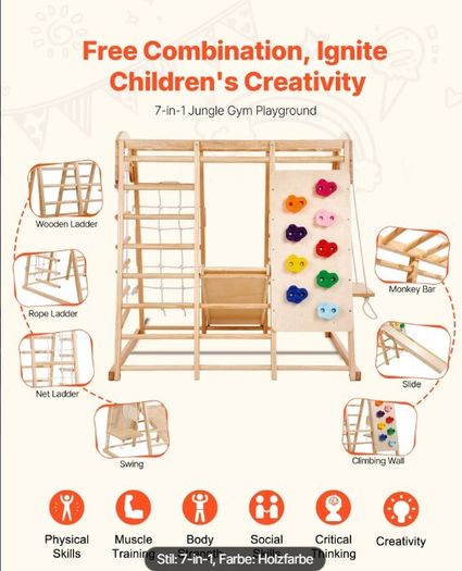Jungle gym wooden Toddler Indoor Playground, 109 x 120 x 119.5 cm, with Wood and Rope Ladder, Net Ladder, Swing, Monkey Bar, Slide, Climbing Wall, Wooden Indoor Climbing Toys for Kids